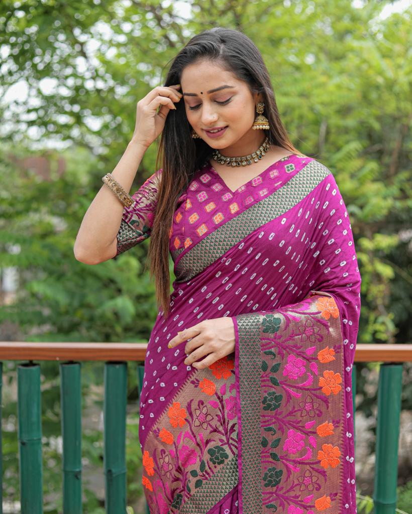 Pure Bandhej Silk Saree With Minakari Zari Weaved Border