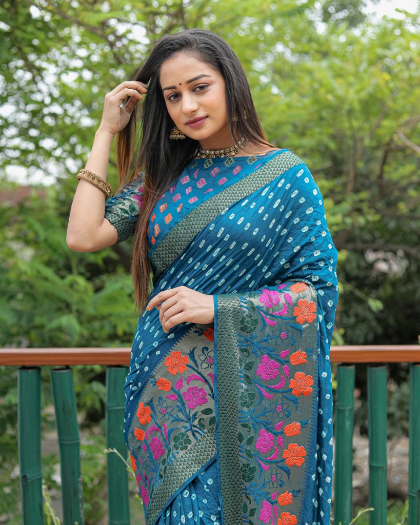 Pure Bandhej Silk Saree With Minakari Zari Weaved Border