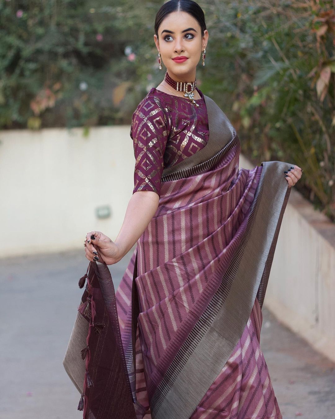 Banarasi Silk Saree All Over Striped And Zari Border With Tassels