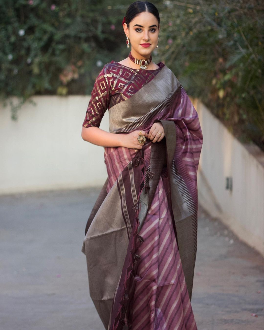Banarasi Silk Saree All Over Striped And Zari Border With Tassels
