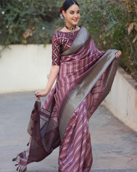 Image of Banarasi Silk Saree All Over Striped And Zari Border With Tassels