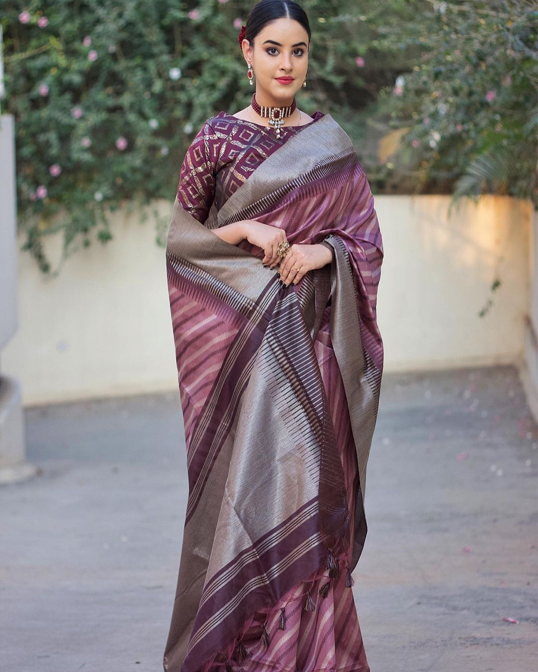 Banarasi Silk Saree All Over Striped And Zari Border With Tassels