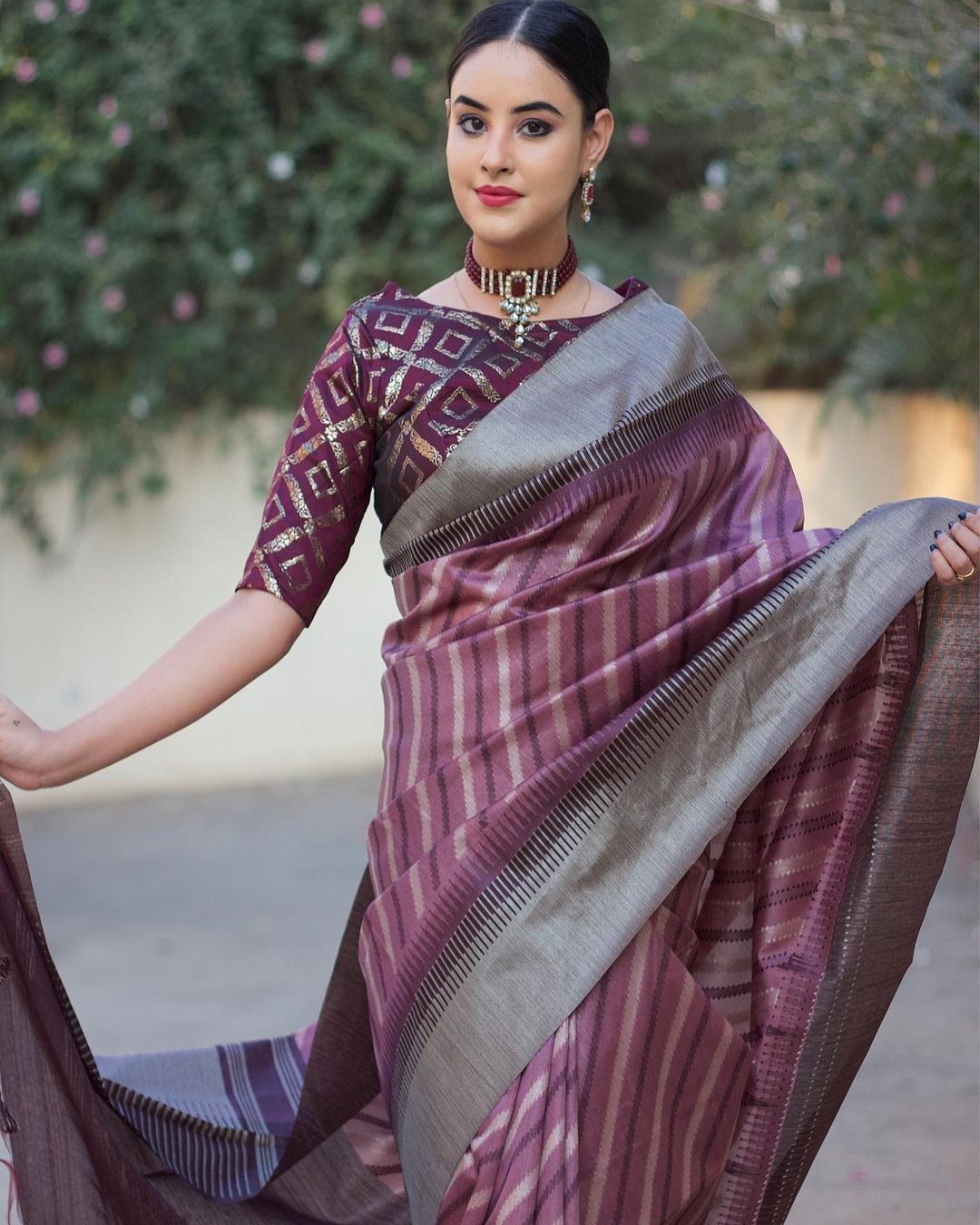 Banarasi Silk Saree All Over Striped And Zari Border With Tassels