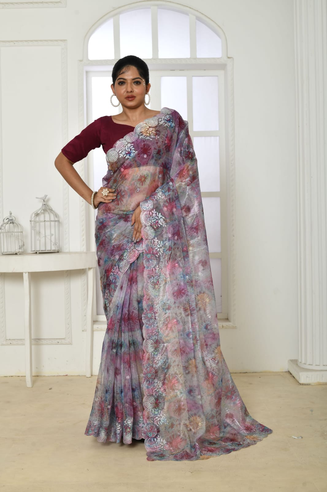 Pure Organza Silk Embroidered Cut Work Printed Saree