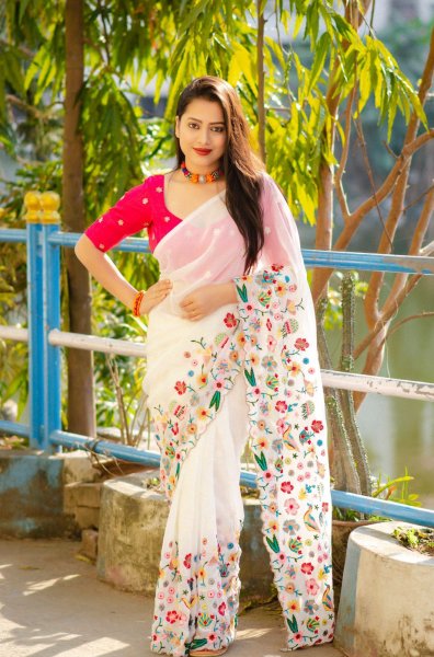 Image of Georgette Rich Colorful Embroidery Sequence Saree