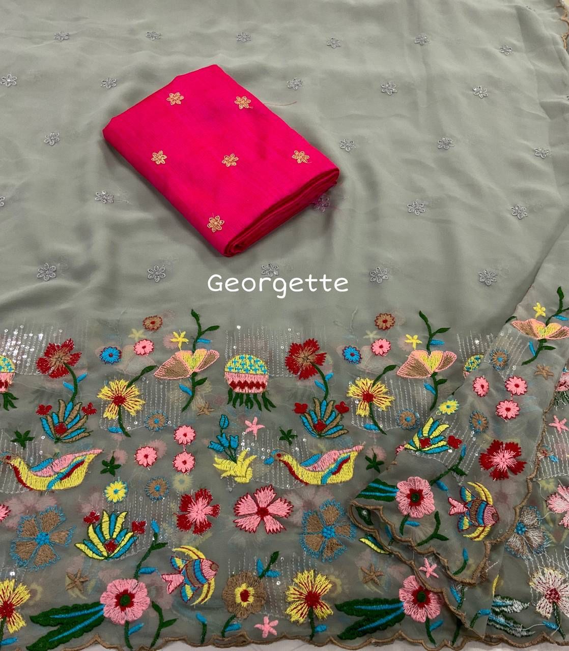 Georgette Rich Colorful Embroidery Sequence Saree