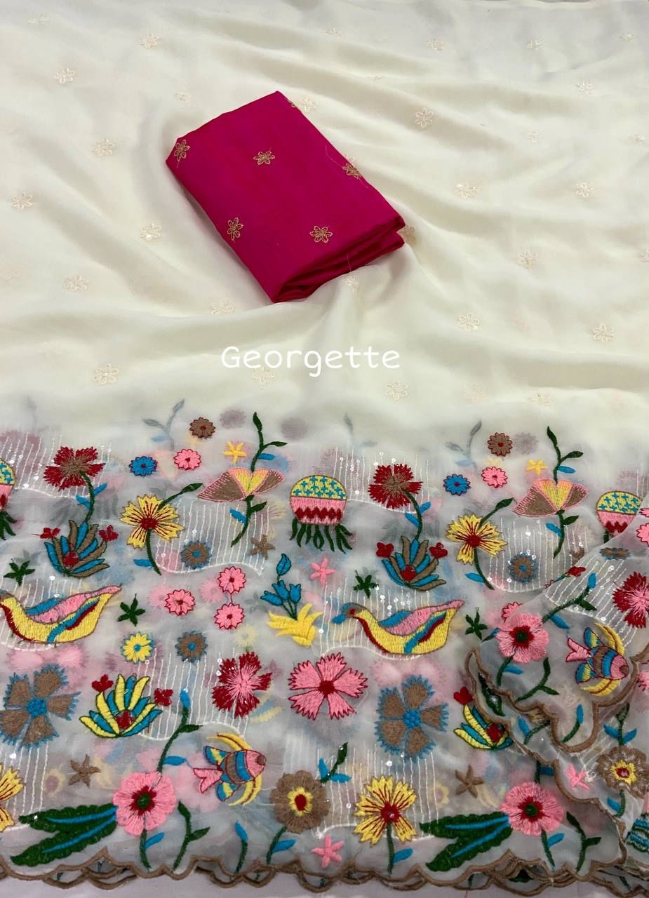 Georgette Rich Colorful Embroidery Sequence Saree