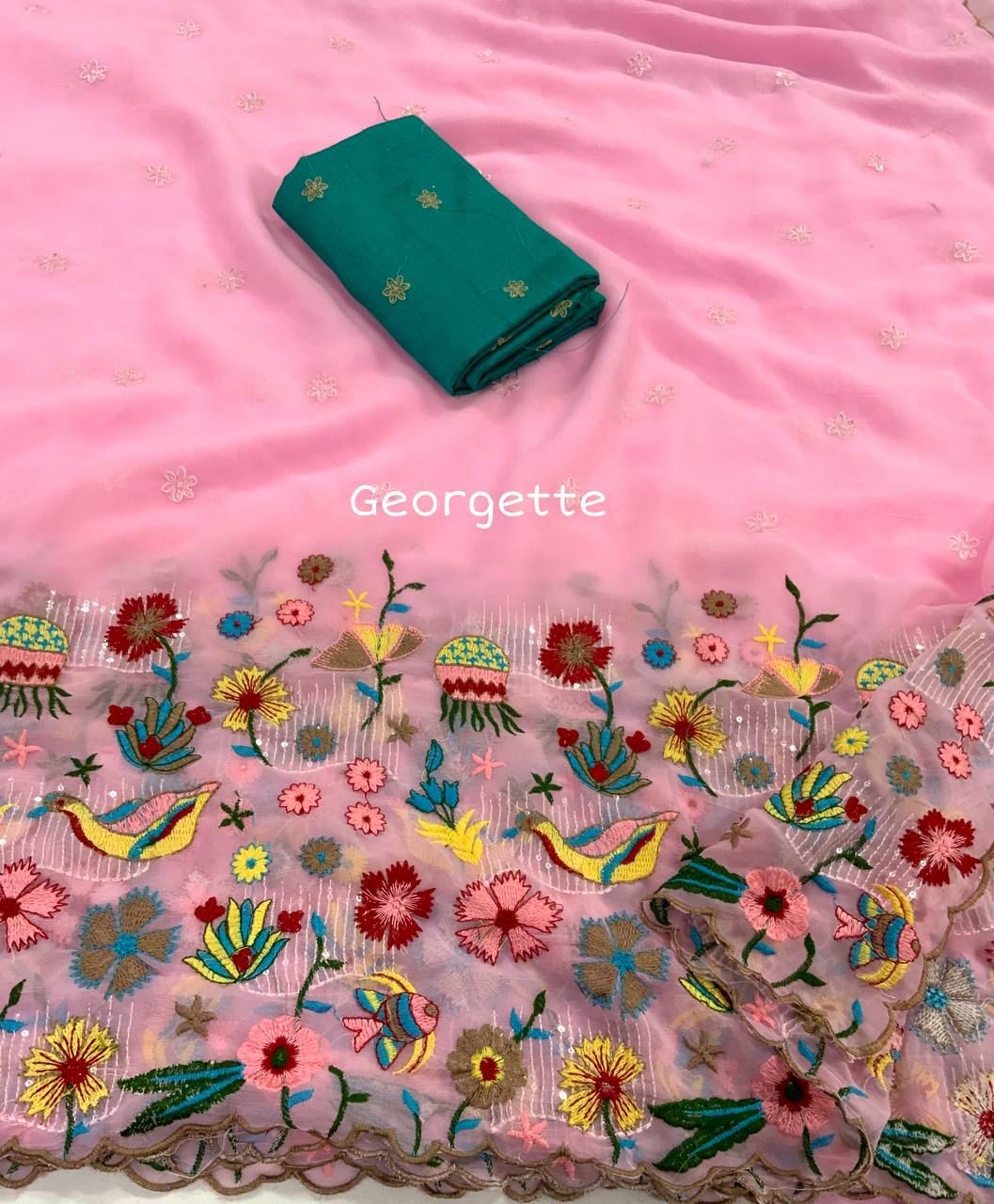 Georgette Rich Colorful Embroidery Sequence Saree