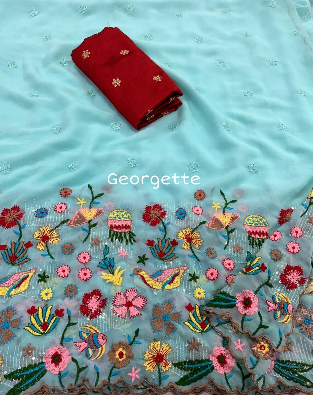 Georgette Rich Colorful Embroidery Sequence Saree