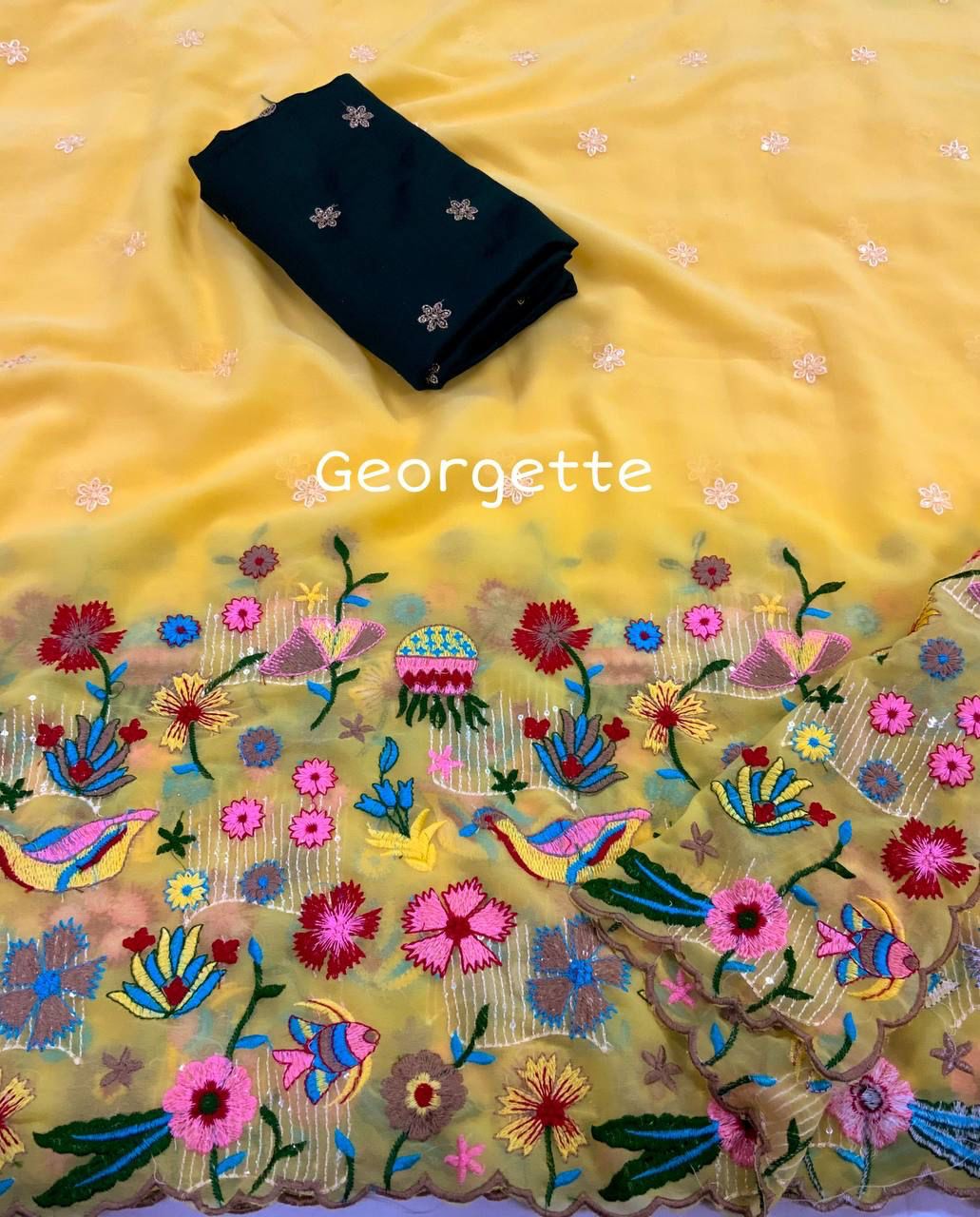 Georgette Rich Colorful Embroidery Sequence Saree