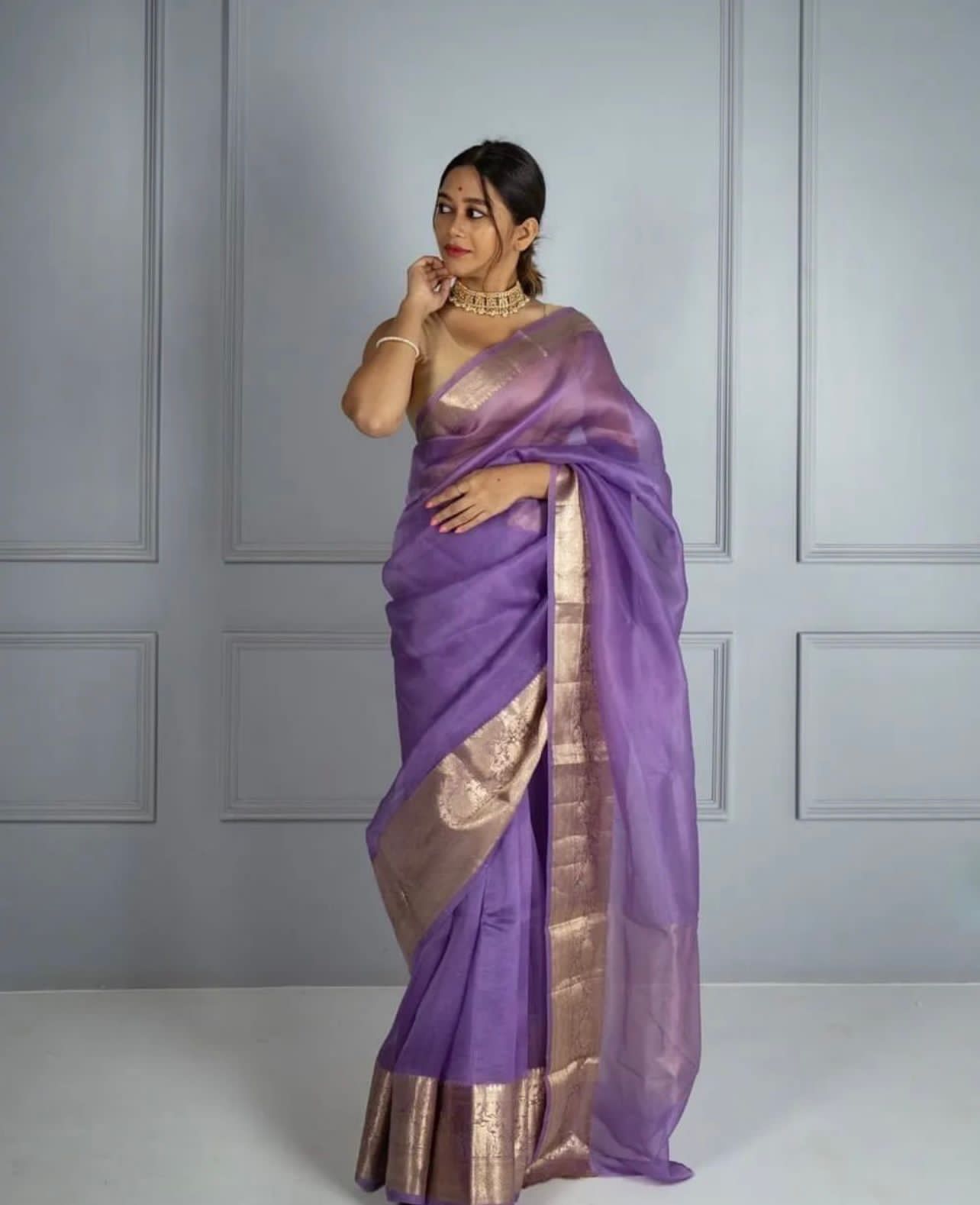 Organza Silk Plain Saree With Gold Zari Border