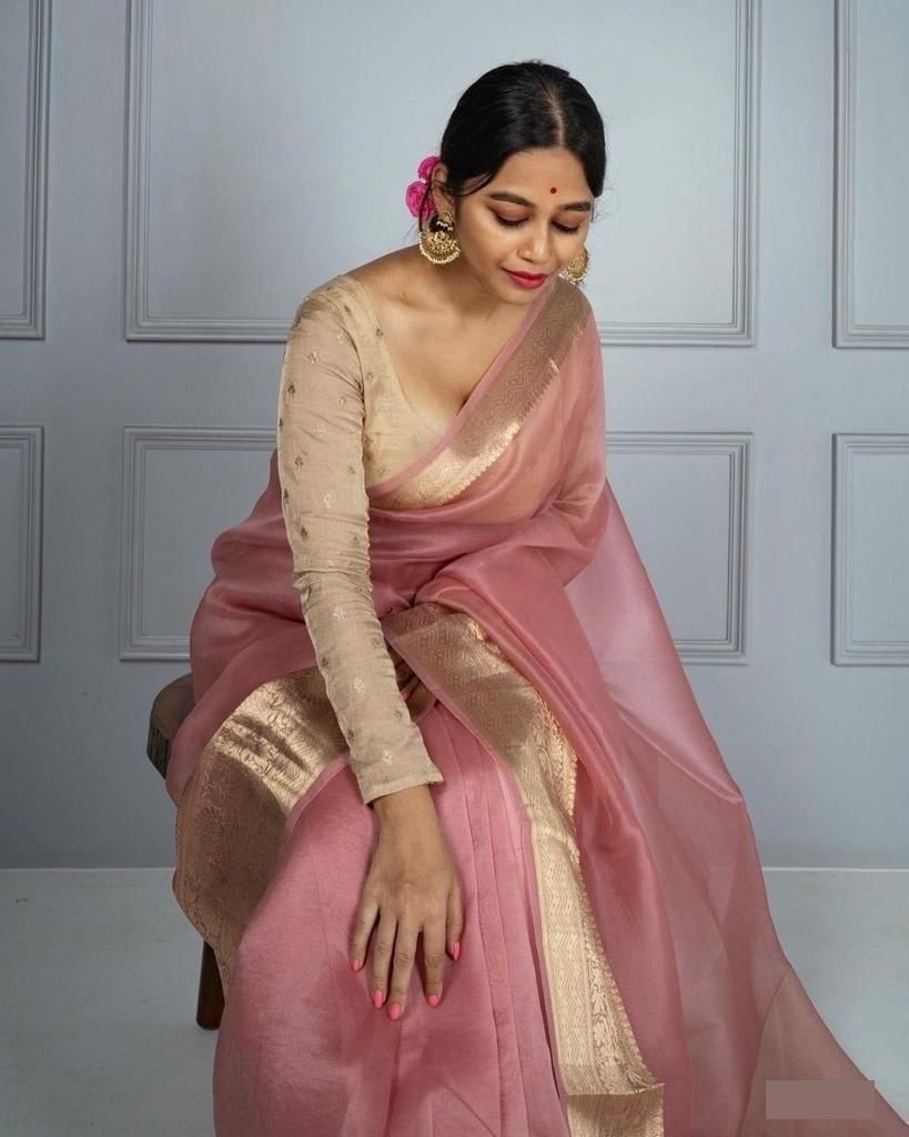 Organza Silk Plain Saree With Gold Zari Border