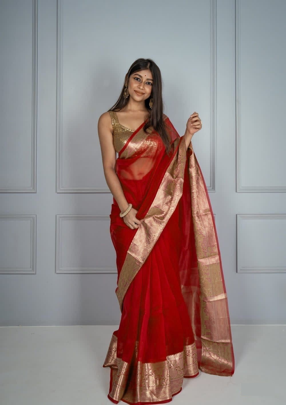 Organza Silk Plain Saree With Gold Zari Border