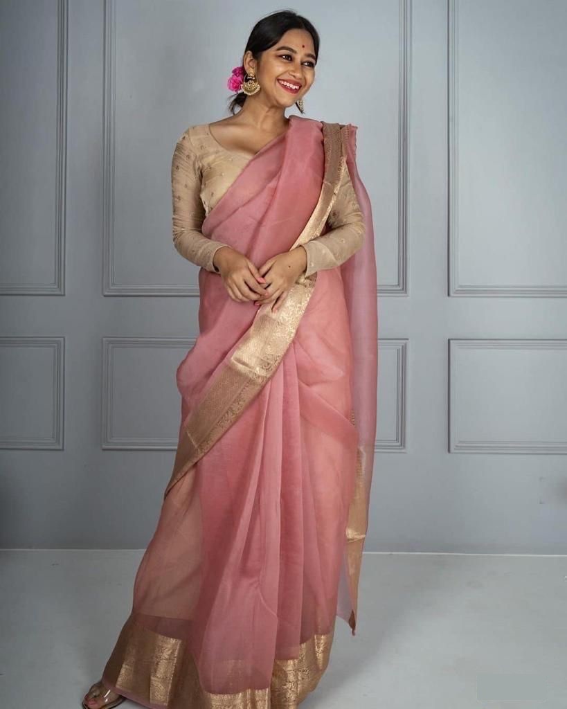 Organza Silk Plain Saree With Gold Zari Border