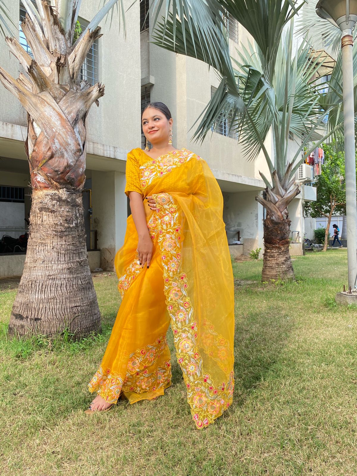 Pure Organza Silk Multi Thread Embroidery Sequence Work Saree