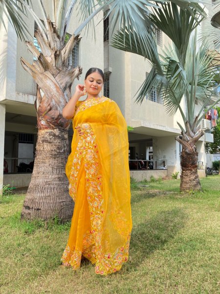 Image of Pure Organza Silk Multi Thread Embroidery Sequence Work Saree