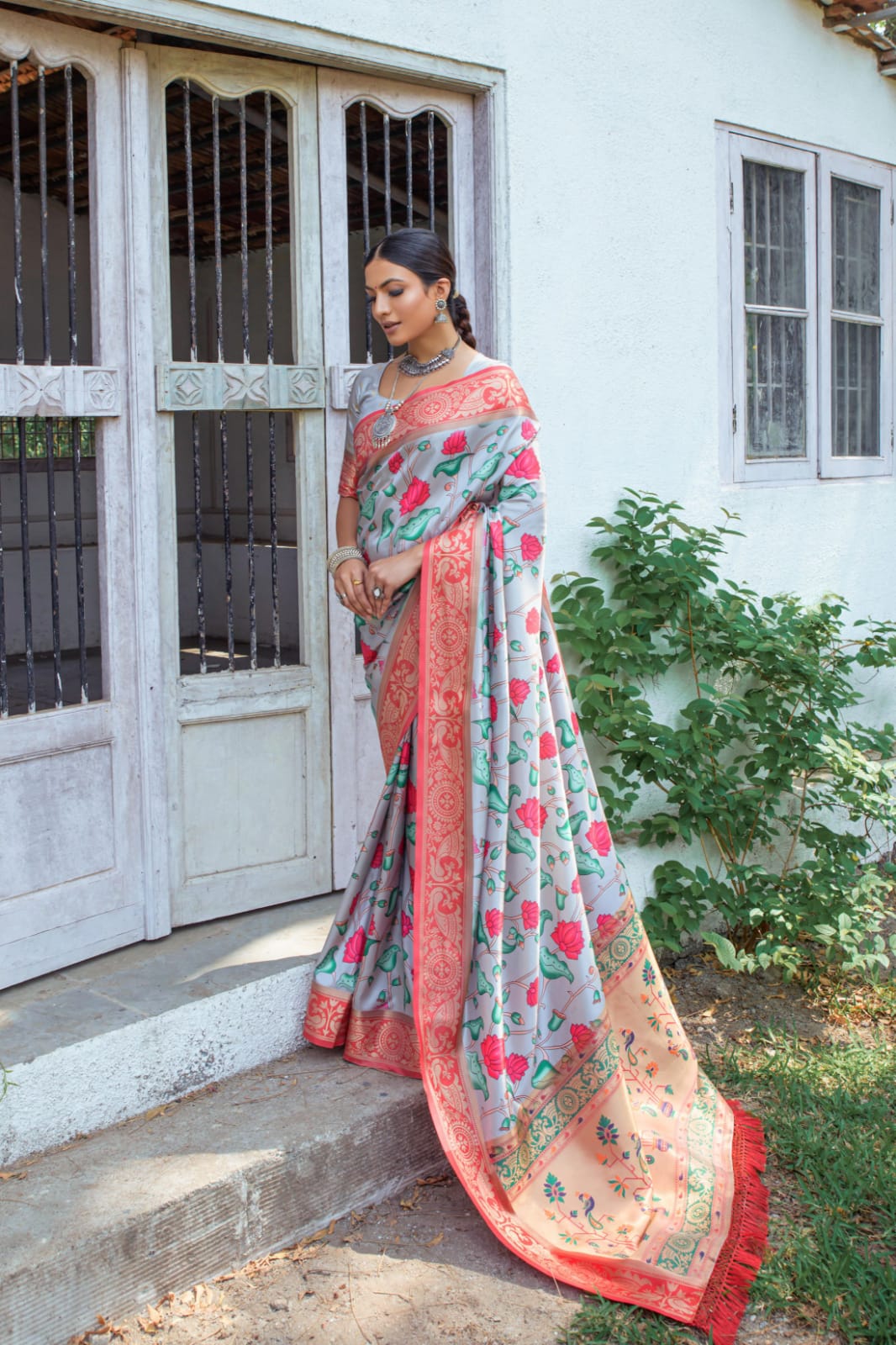 Banarasi Silk Digital Printed Body With Zari Rich Weaved Pallu And Border