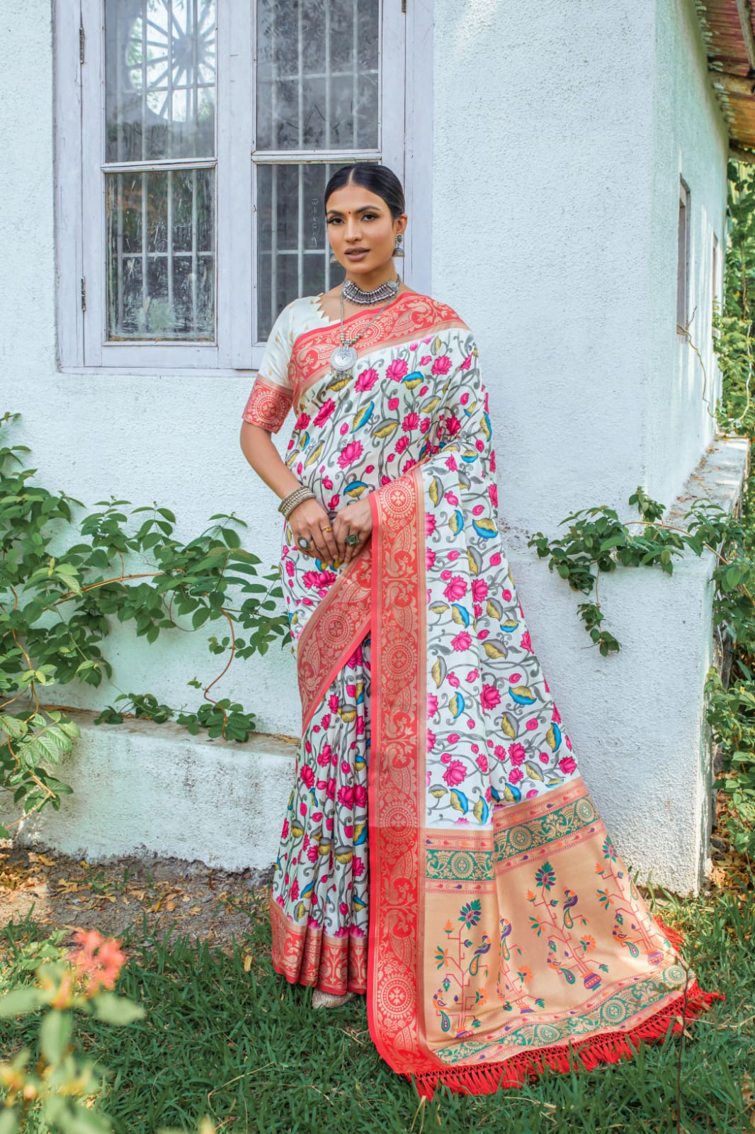 Banarasi Silk Digital Printed Body With Zari Rich Weaved Pallu And Border