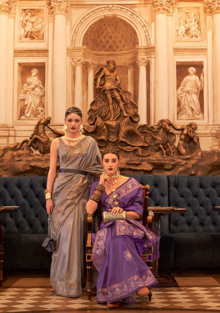 Designer Handloom Weaved Tussar Silk Zari Sequence Work Saree