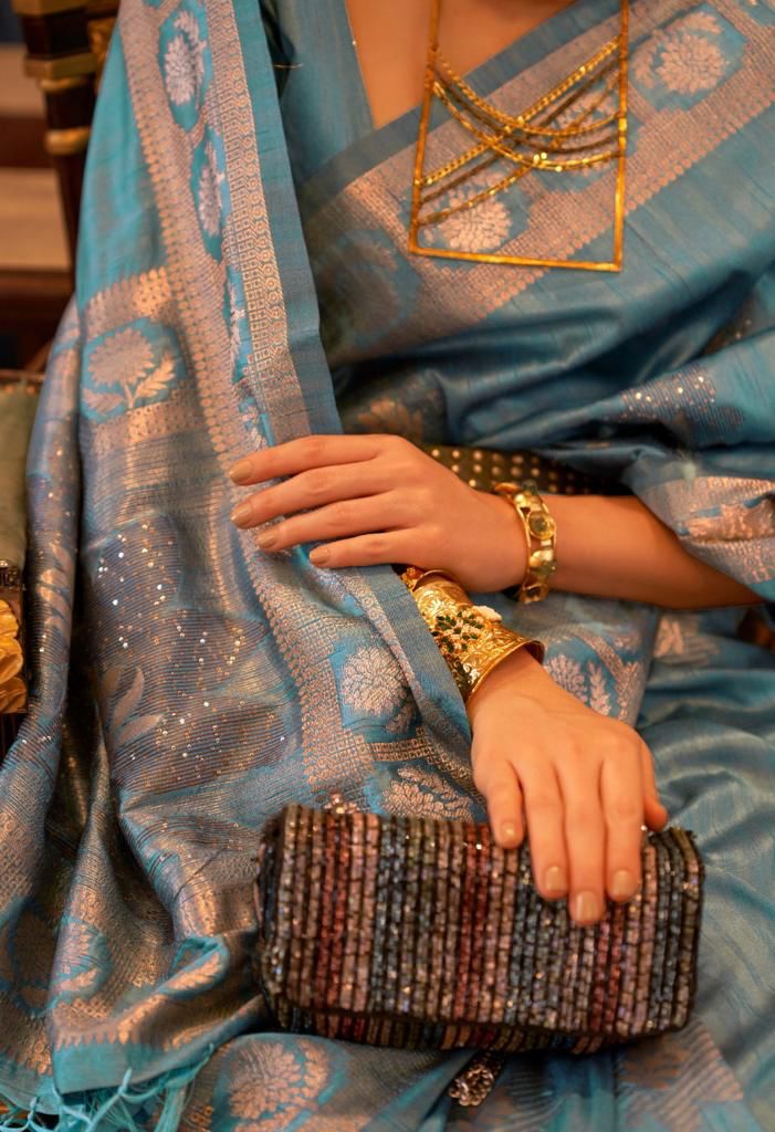 Handloom Weaved Tussar Silk Zari Sarees With Sequence Work