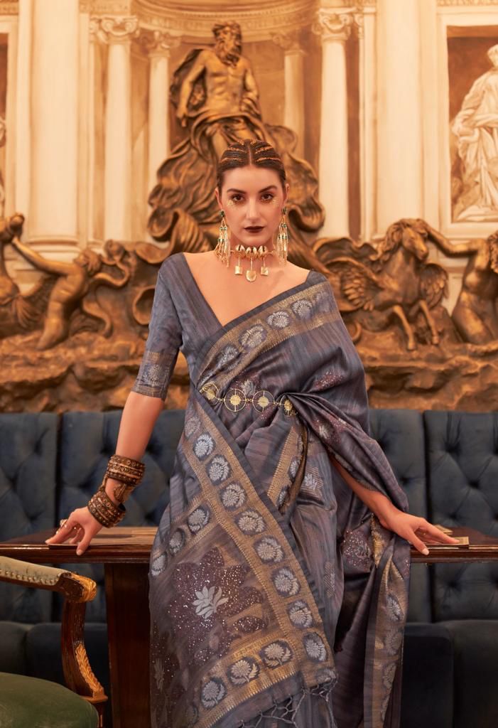 Handloom Weaved Tussar Silk Zari Sarees With Sequence Work