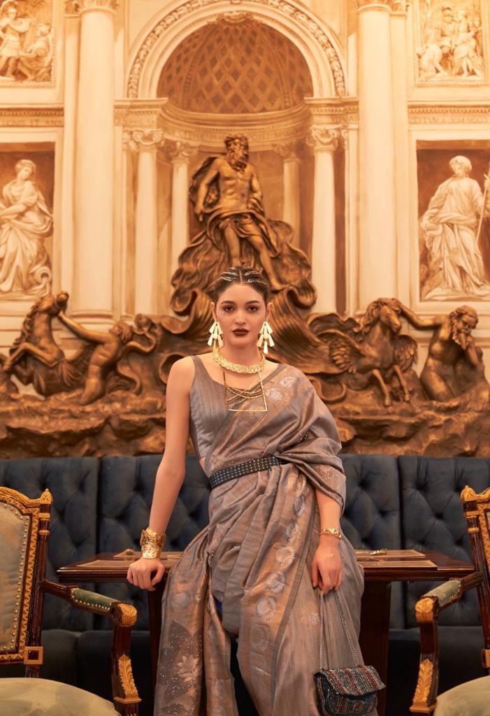 Designer Handloom Weaved Tussar Silk Zari Sequence Work Saree