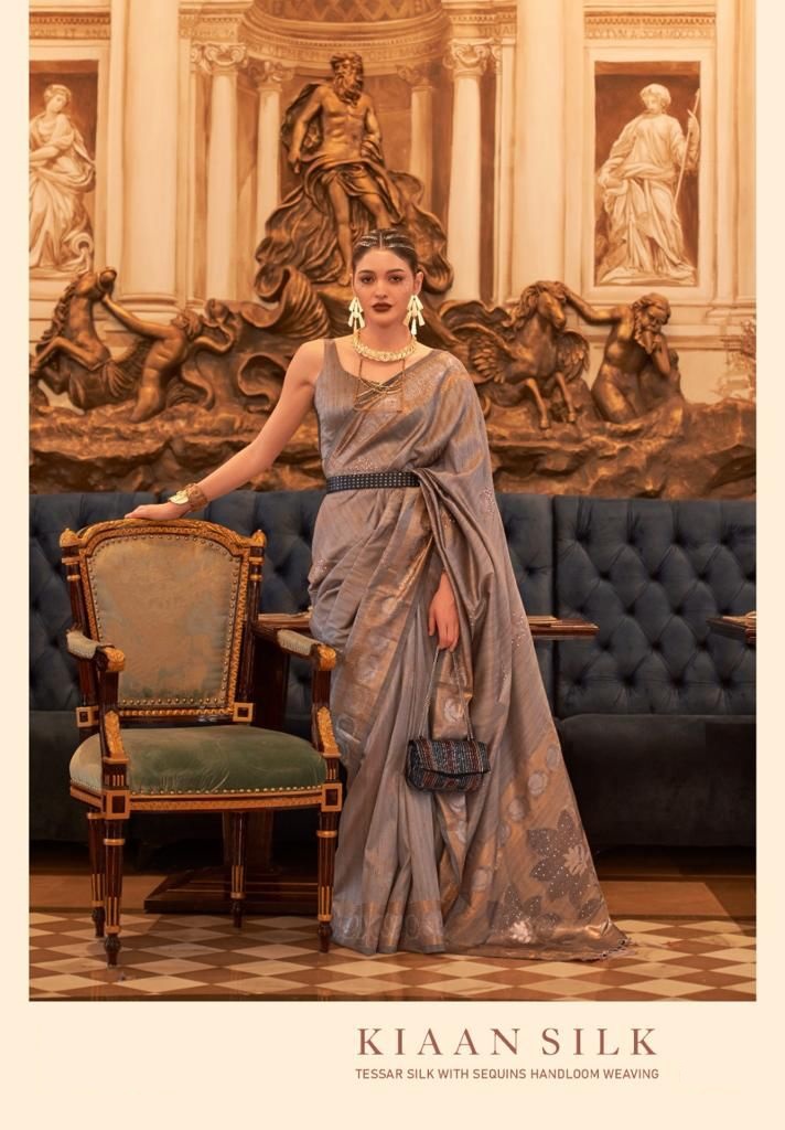 Designer Handloom Weaved Tussar Silk Zari Sequence Work Saree