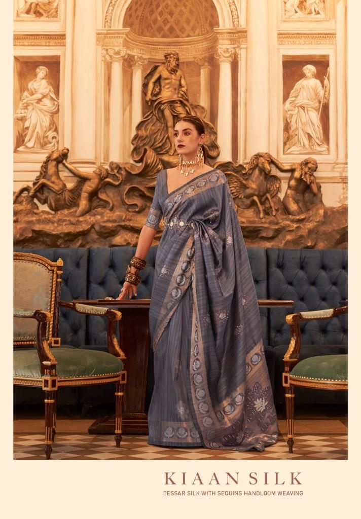 Handloom Weaved Tussar Silk Zari Sarees With Sequence Work