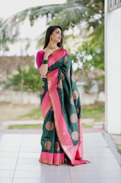 Image of Bottle Green Banarasi Silk Zari Weaved Rich Pallu And Border Saree