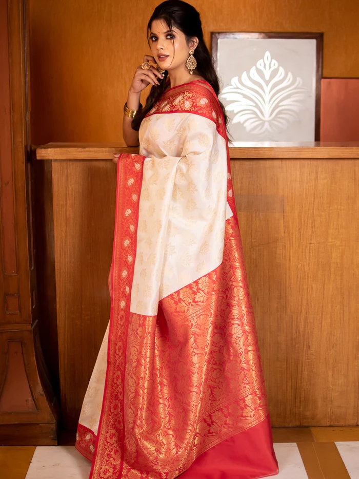 Off White Banarasi Silk All Over Zari Weaved Rich Pallu And Border Saree