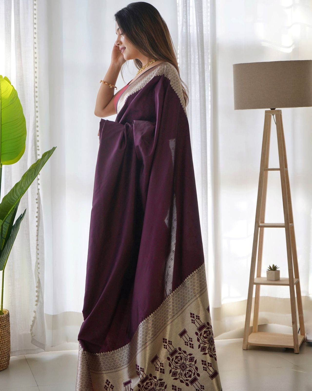 Dark Purple Banarasi Silk Plain Saree With Silver Zari Rich Pallu And Border