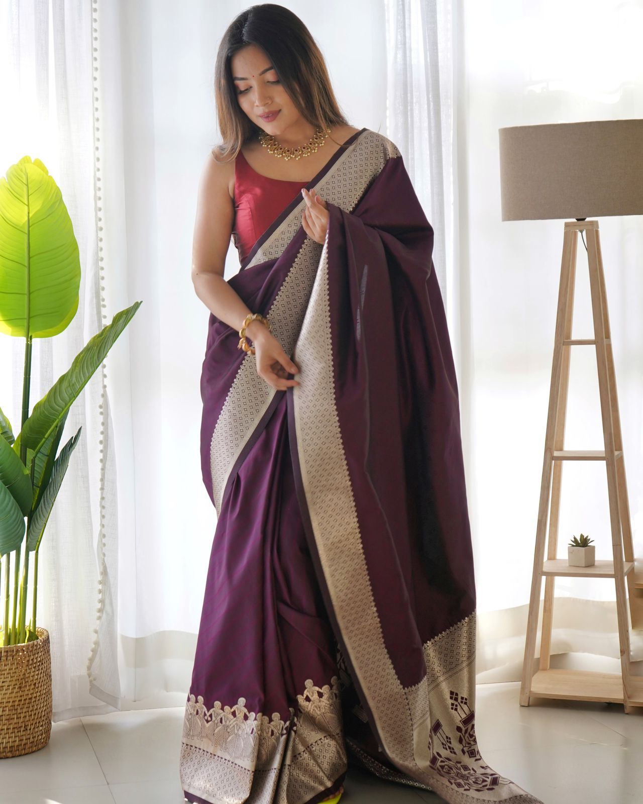 Dark Purple Banarasi Silk Plain Saree With Silver Zari Rich Pallu And Border
