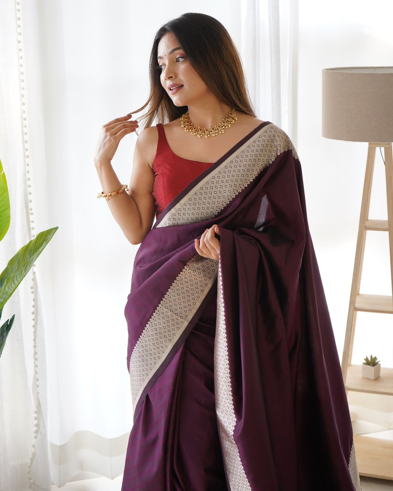 Dark Purple Banarasi Silk Plain Saree With Silver Zari Rich Pallu And Border