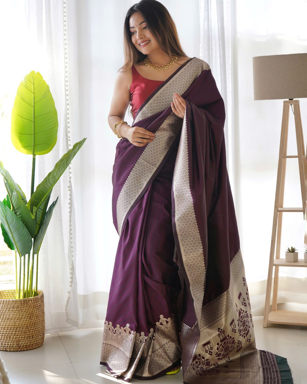 Dark Purple Banarasi Silk Plain Saree With Silver Zari Rich Pallu And Border