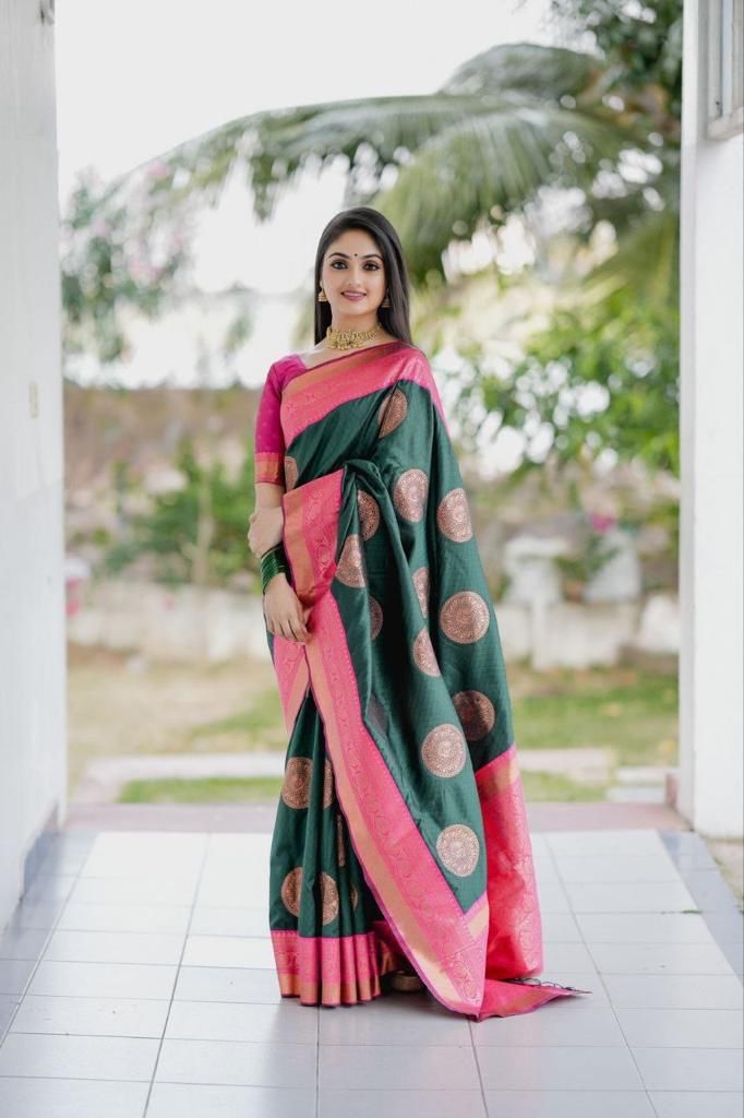 Bottle Green Banarasi Silk Zari Weaved Rich Pallu And Border Saree