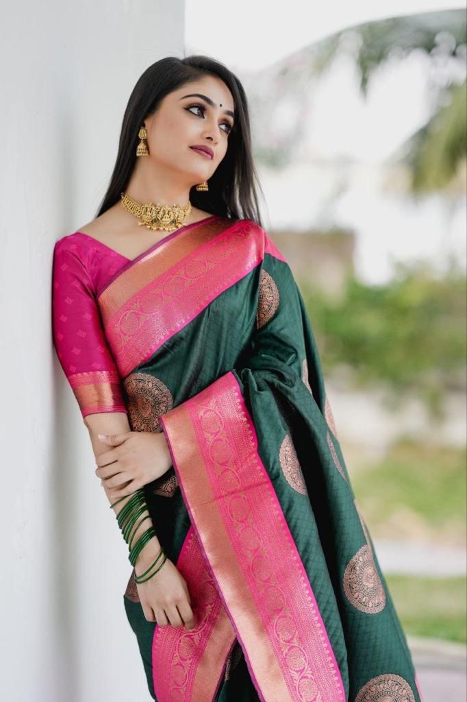Bottle Green Banarasi Silk Zari Weaved Rich Pallu And Border Saree