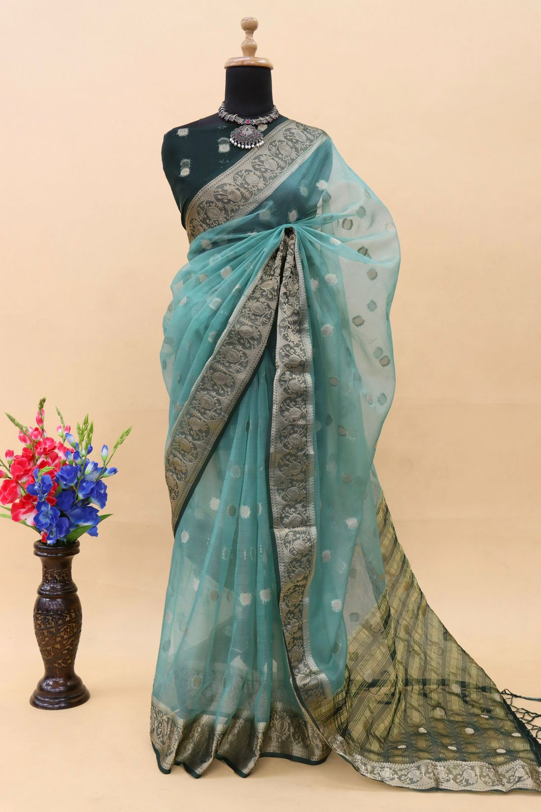 Organza Silk Silver Zari Weaved Booti Rich Zari Pallu Border Saree