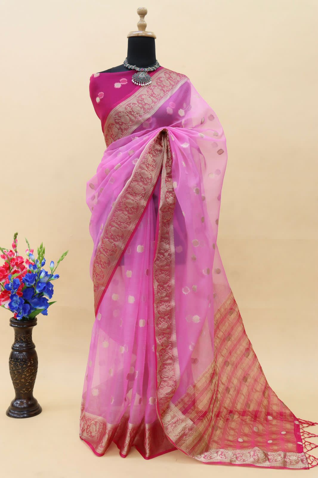 Organza Silk Silver Zari Weaved Booti Rich Zari Pallu Border Saree