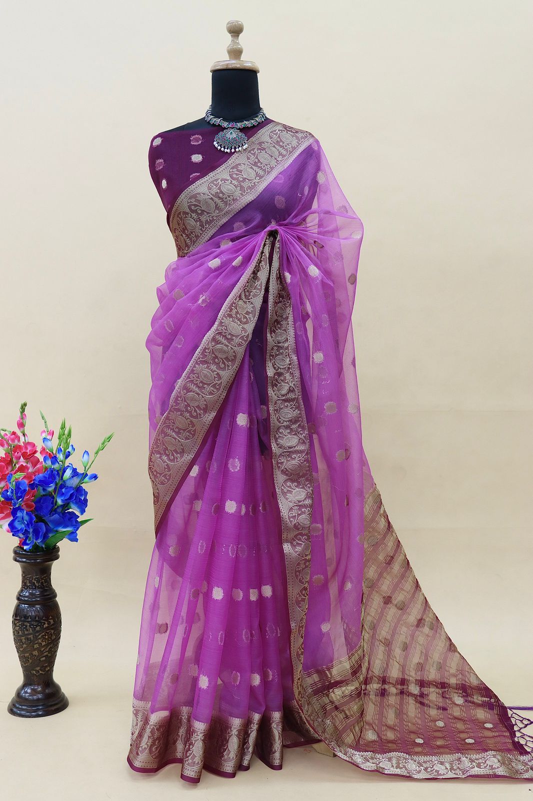 Organza Silk Silver Zari Weaved Booti Rich Zari Pallu Border Saree
