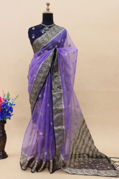 Image of Organza Silk Silver Zari Weaved Booti Rich Zari Pallu Border Saree