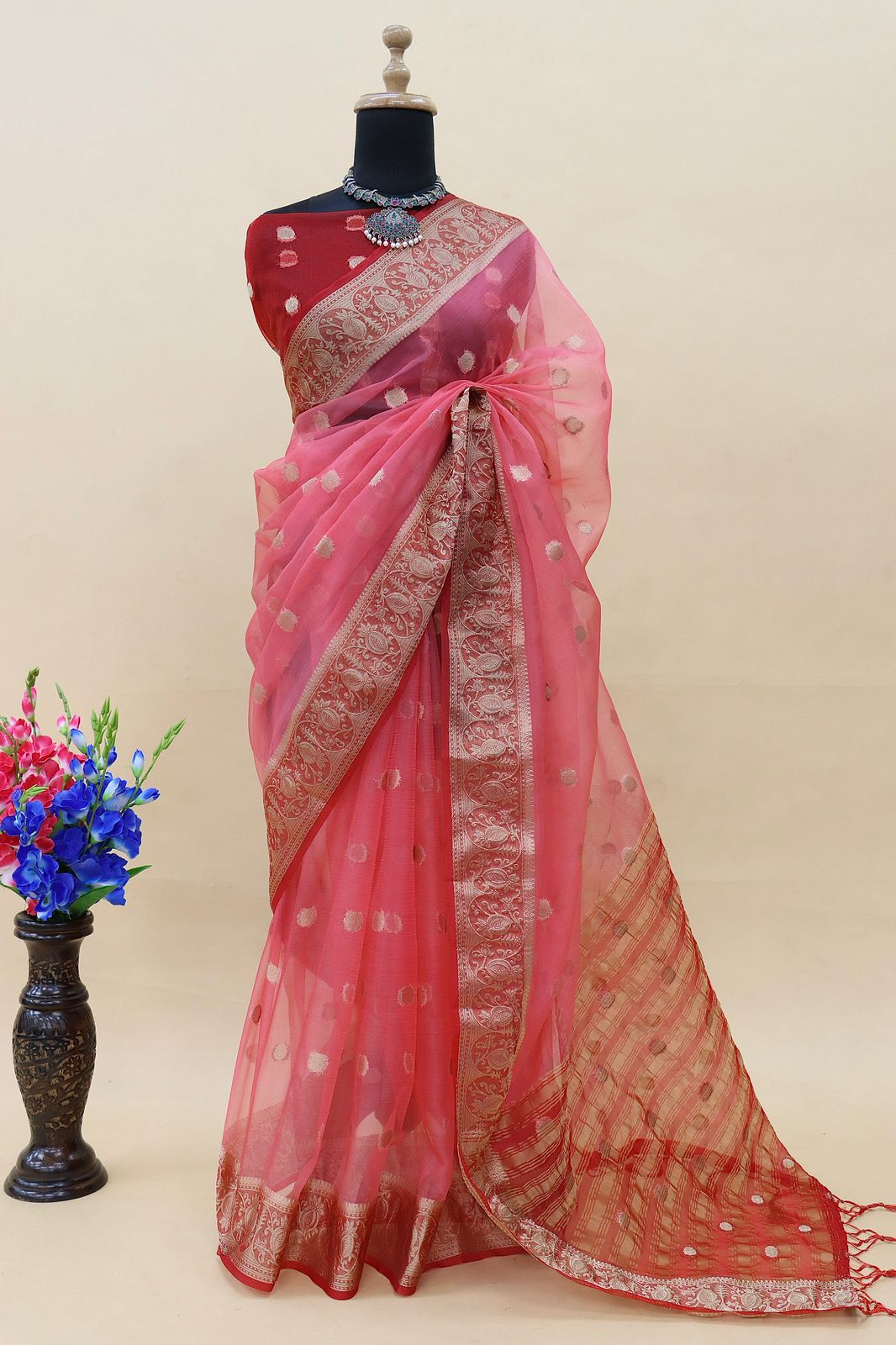 Organza Silk Silver Zari Weaved Booti Rich Zari Pallu Border Saree