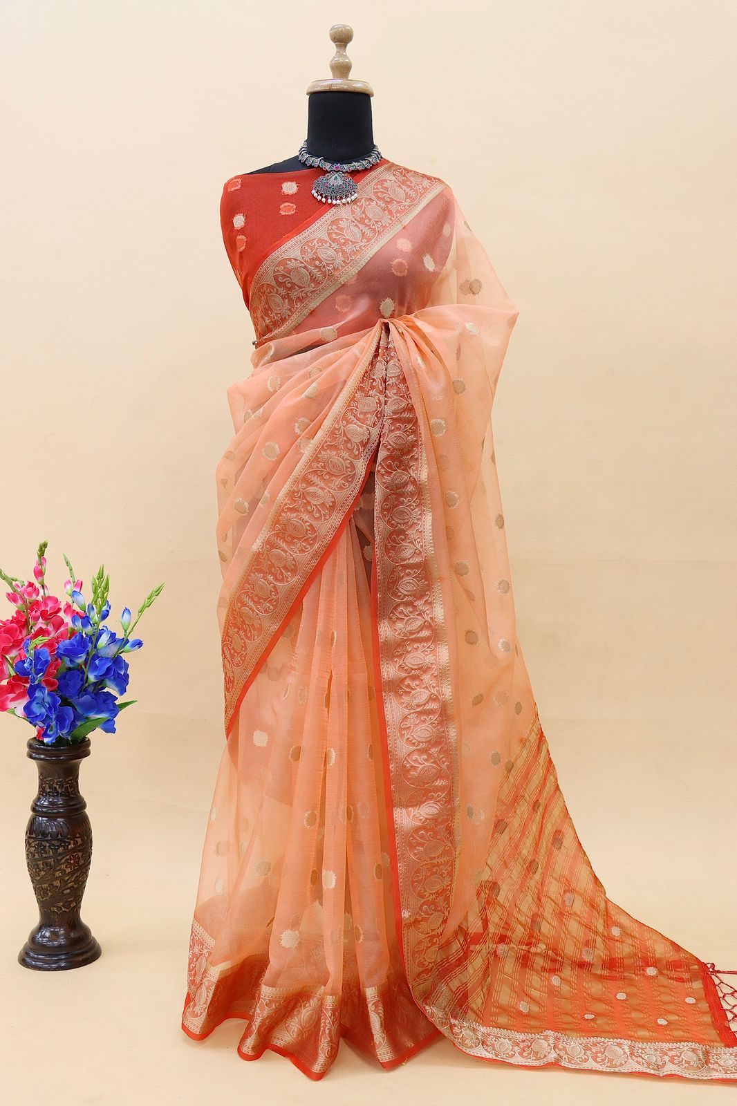 Organza Silk Silver Zari Weaved Booti Rich Zari Pallu Border Saree