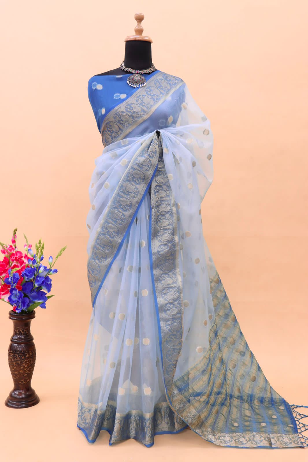 Organza Silk Silver Zari Weaved Booti Rich Zari Pallu Border Saree