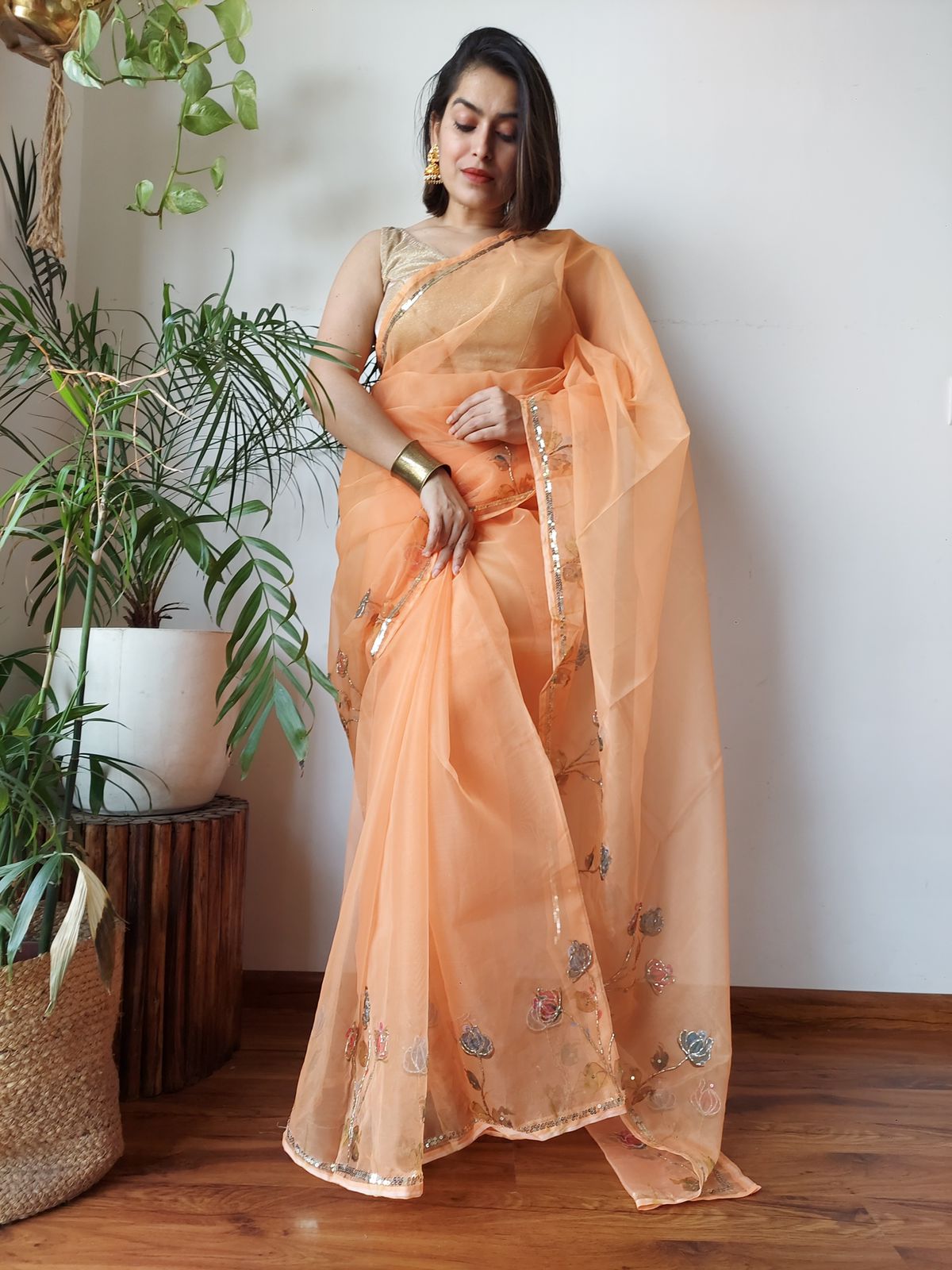 Organza Silk Embroidery Work Border And Pallu Saree