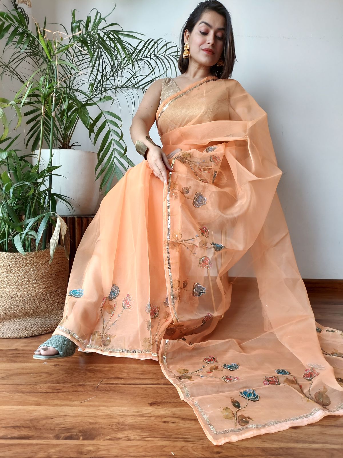 Organza Silk Embroidery Work Border And Pallu Saree