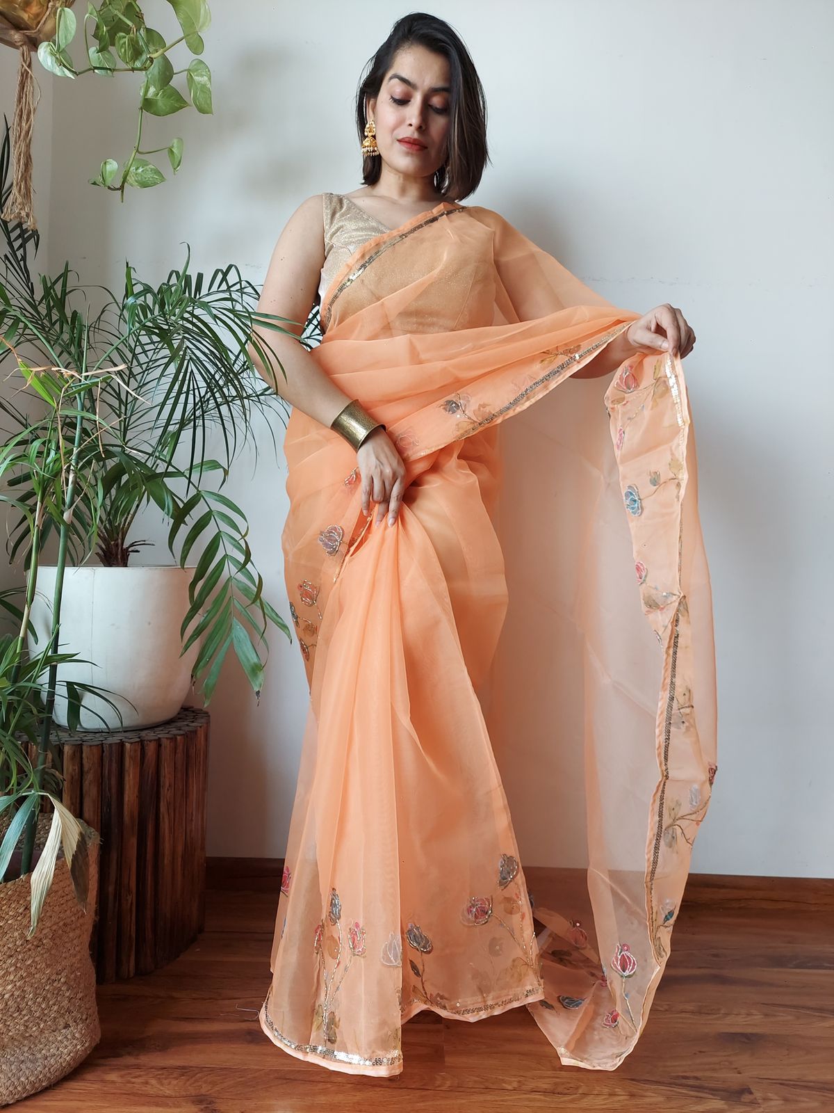 Organza Silk Embroidery Work Border And Pallu Saree