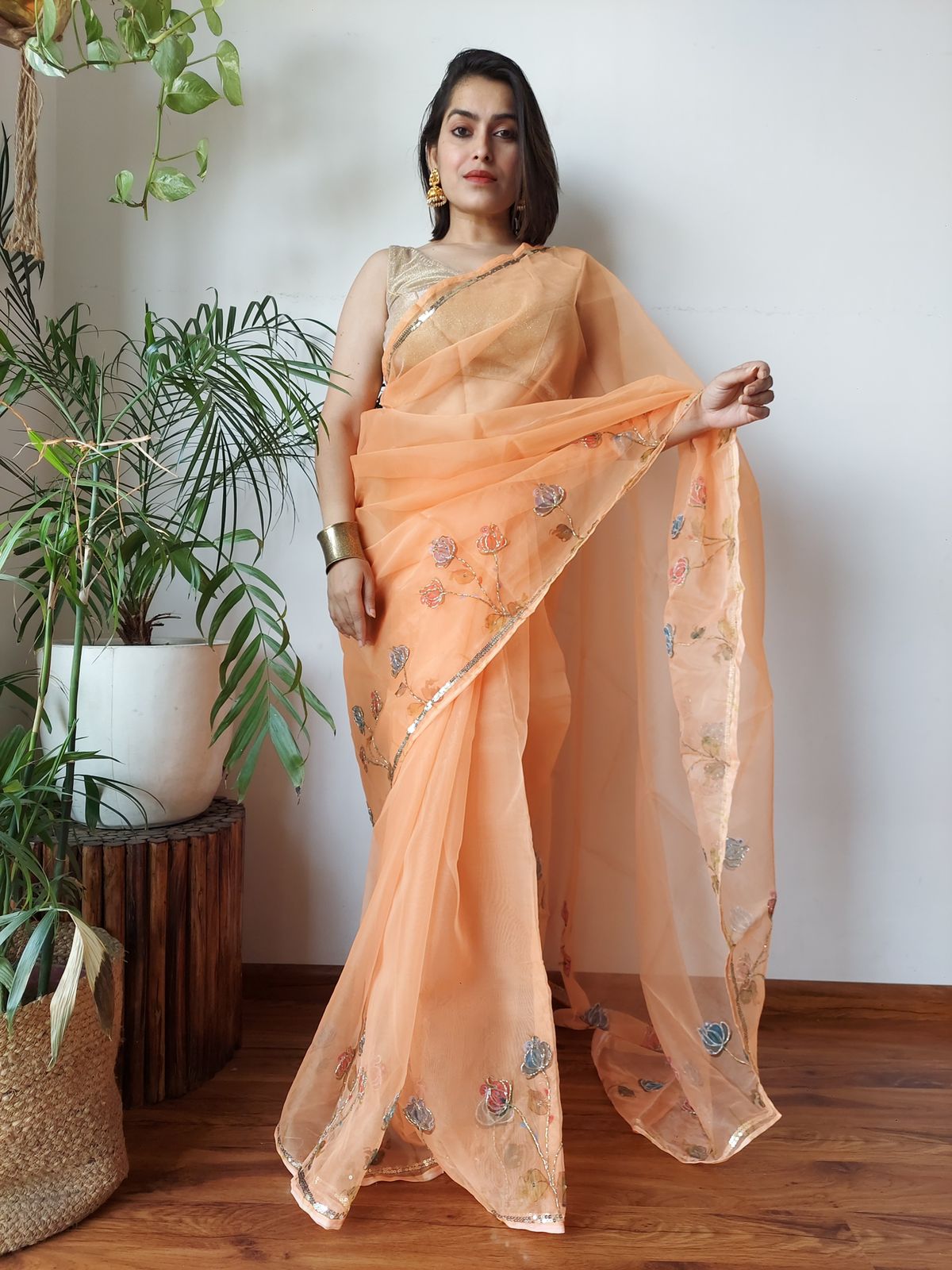 Organza Silk Embroidery Work Border And Pallu Saree