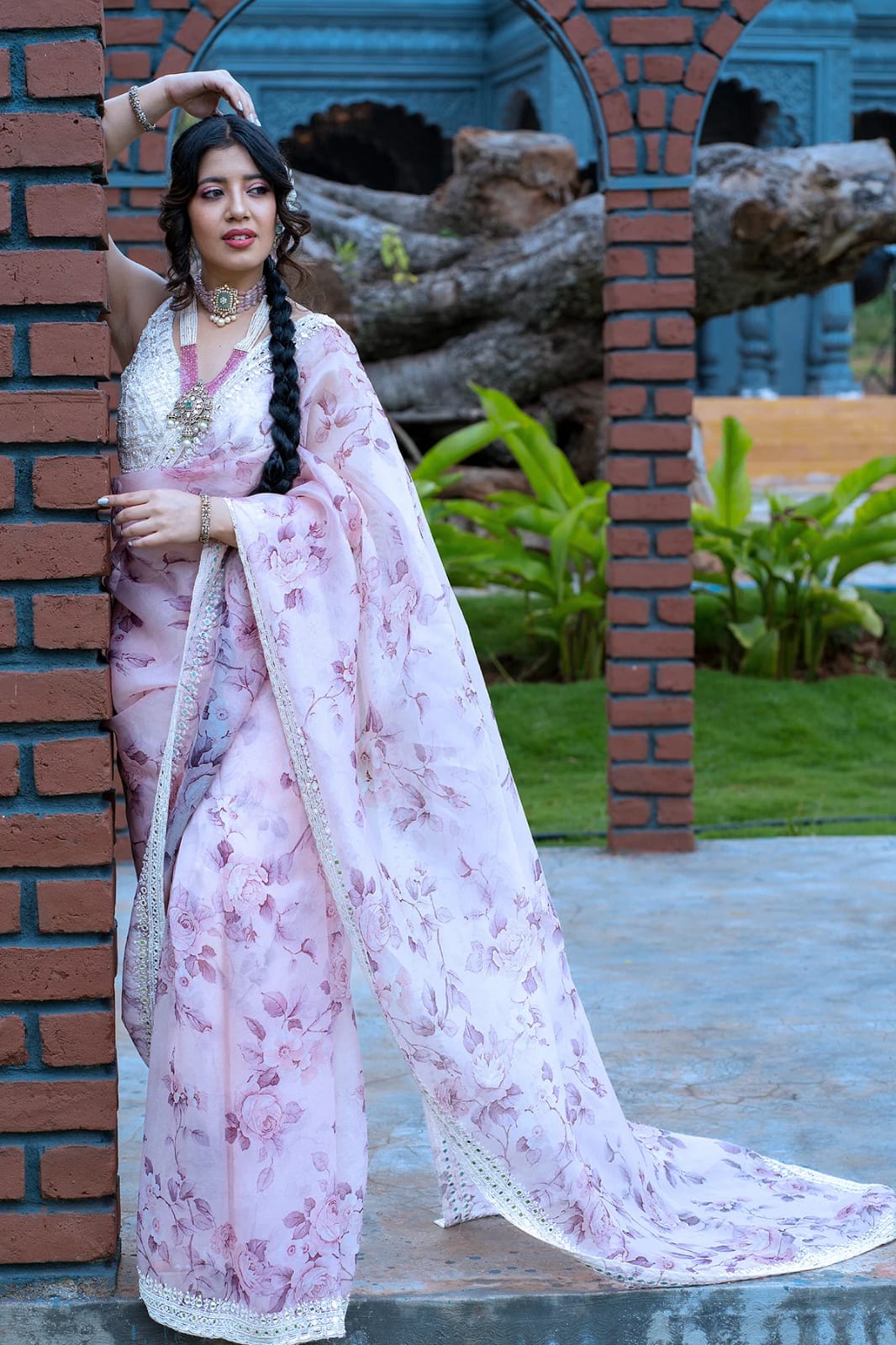 Organza Silk Digital Printed Saree With Lace Stone Border