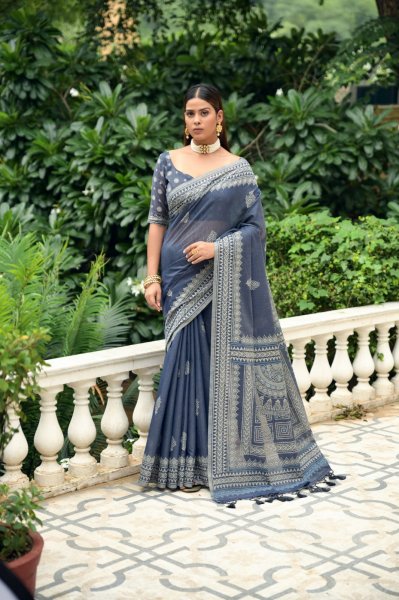 Image of Pure Soft Linen Lucknawi Resham Weaved Saree