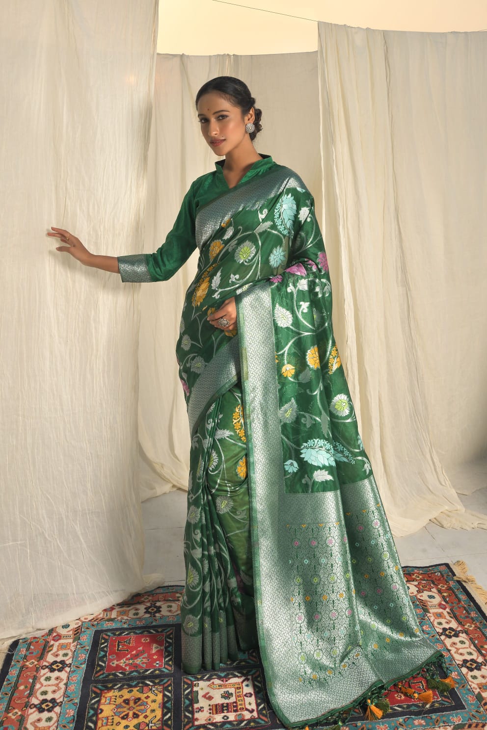 Pure Banarasi Silk Silver Zari With Multi Color Meena Weaved Saree